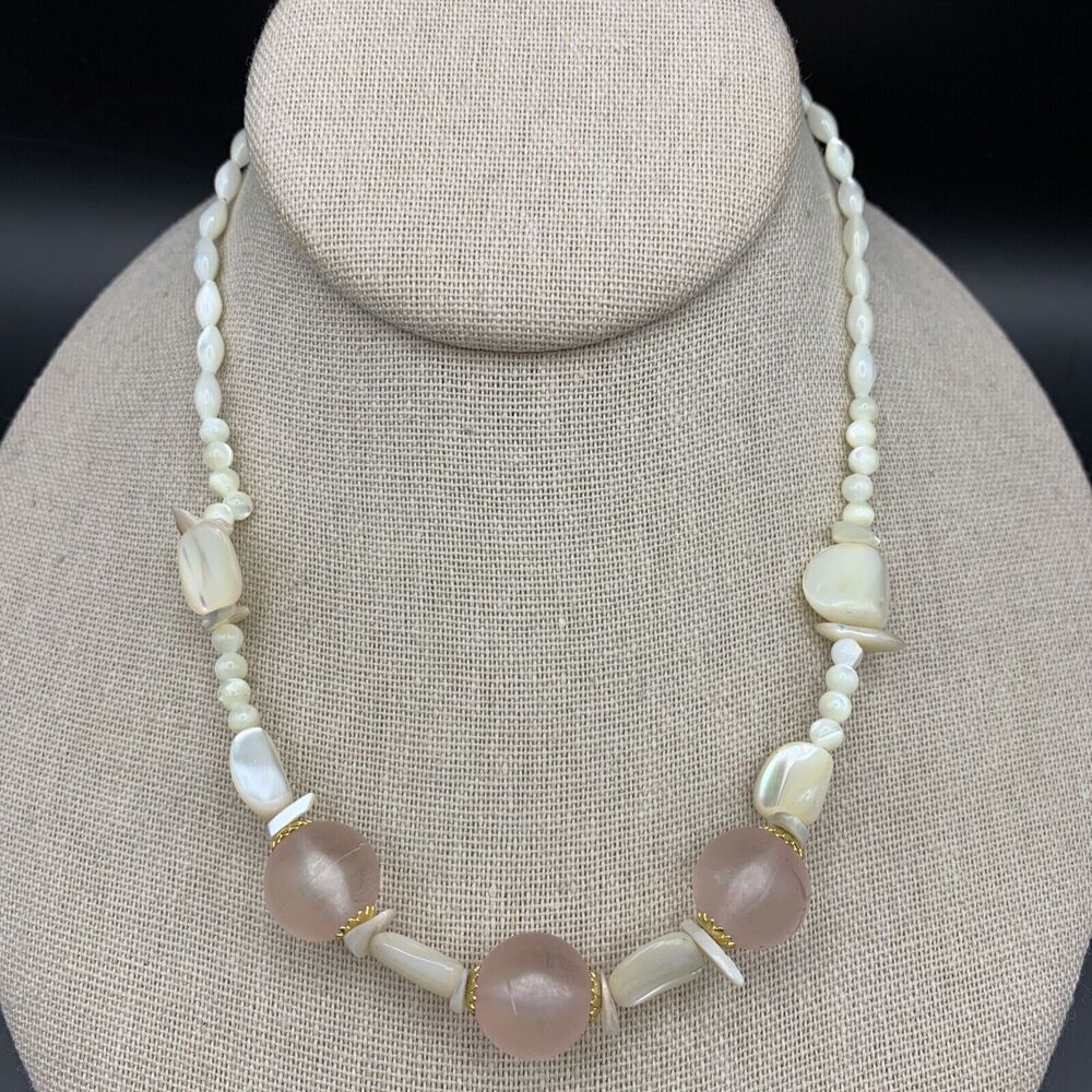 Mother of Pearl Frosted Pink Lucite Necklace Beaded Gold Tone Vintage